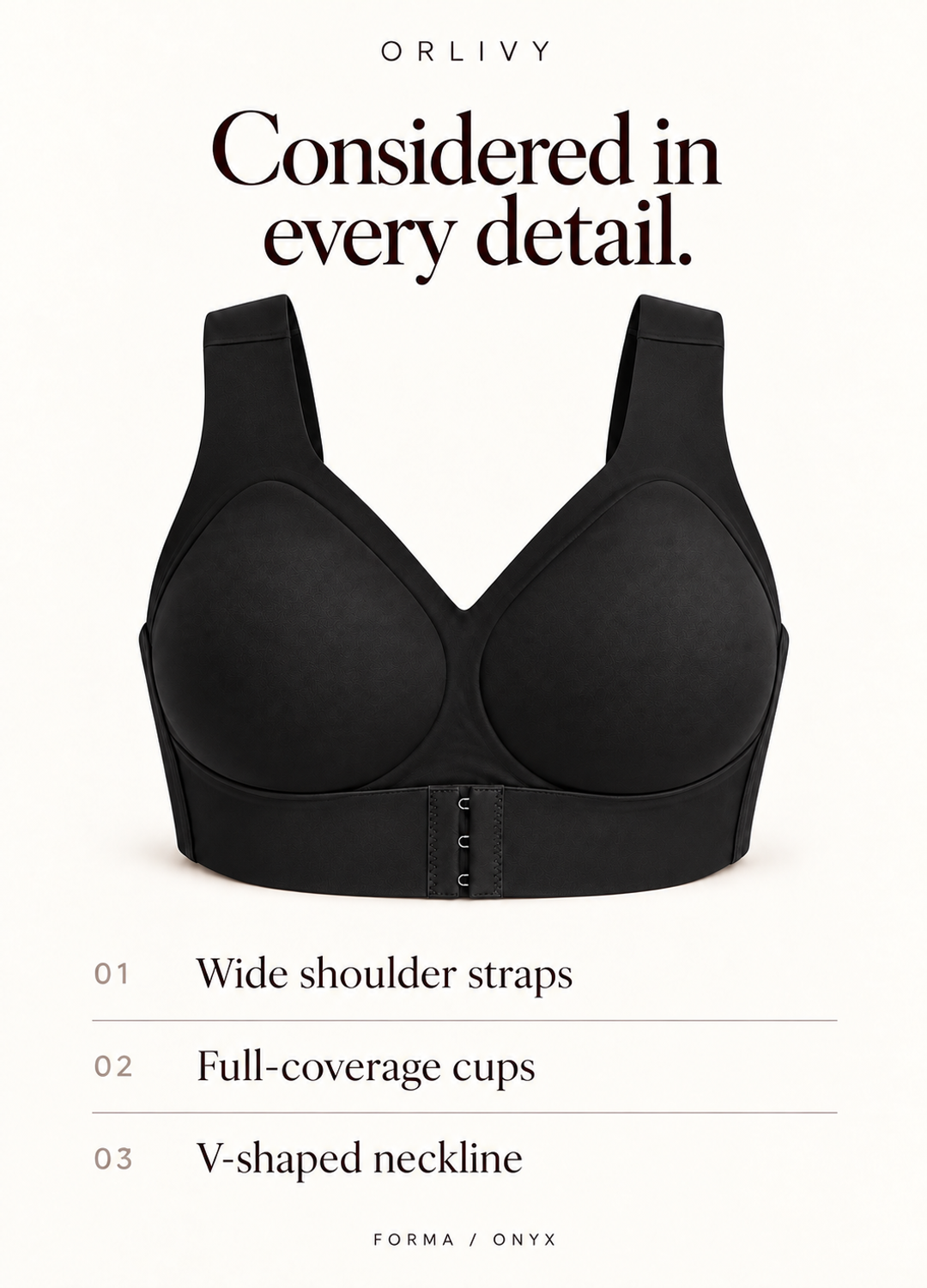 Orlivy Forma in Onyx: wide shoulder straps, full-coverage cups and V-shaped neckline.