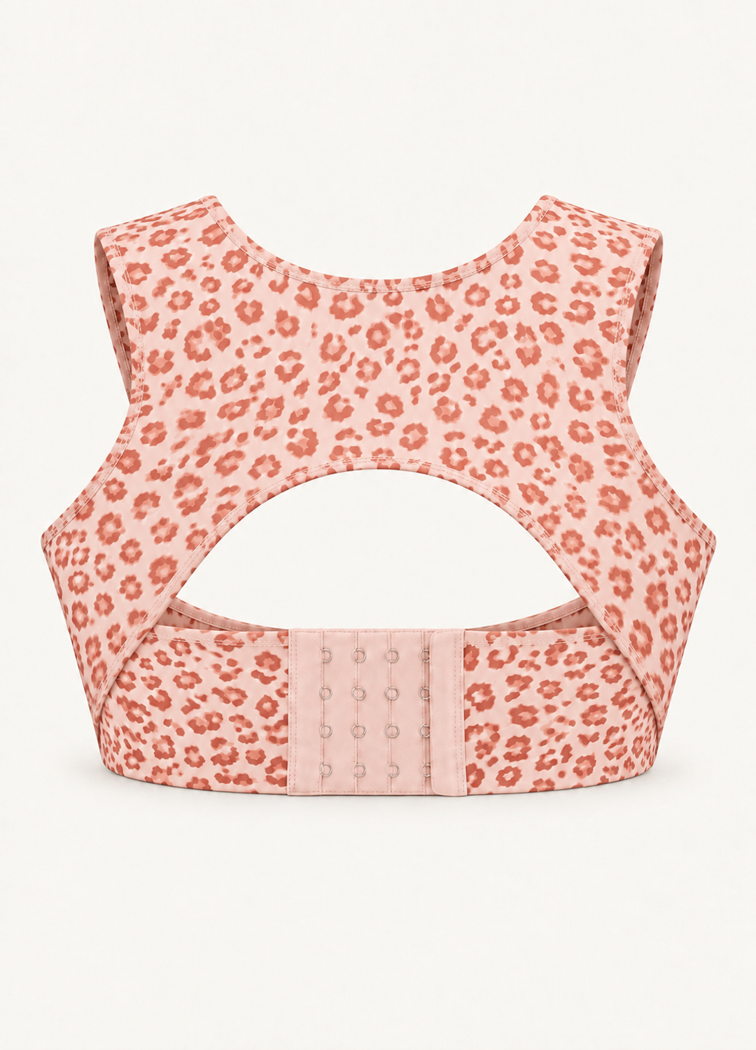 Orlivy Forma Posture Support Bra in Rose Leopard, rear product view showing the broad back panel and curved opening.