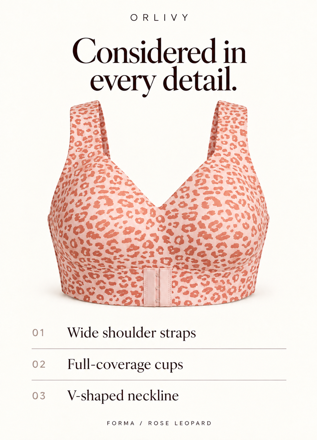 Orlivy Forma in Rose Leopard: wide shoulder straps, full-coverage cups and V-shaped neckline.