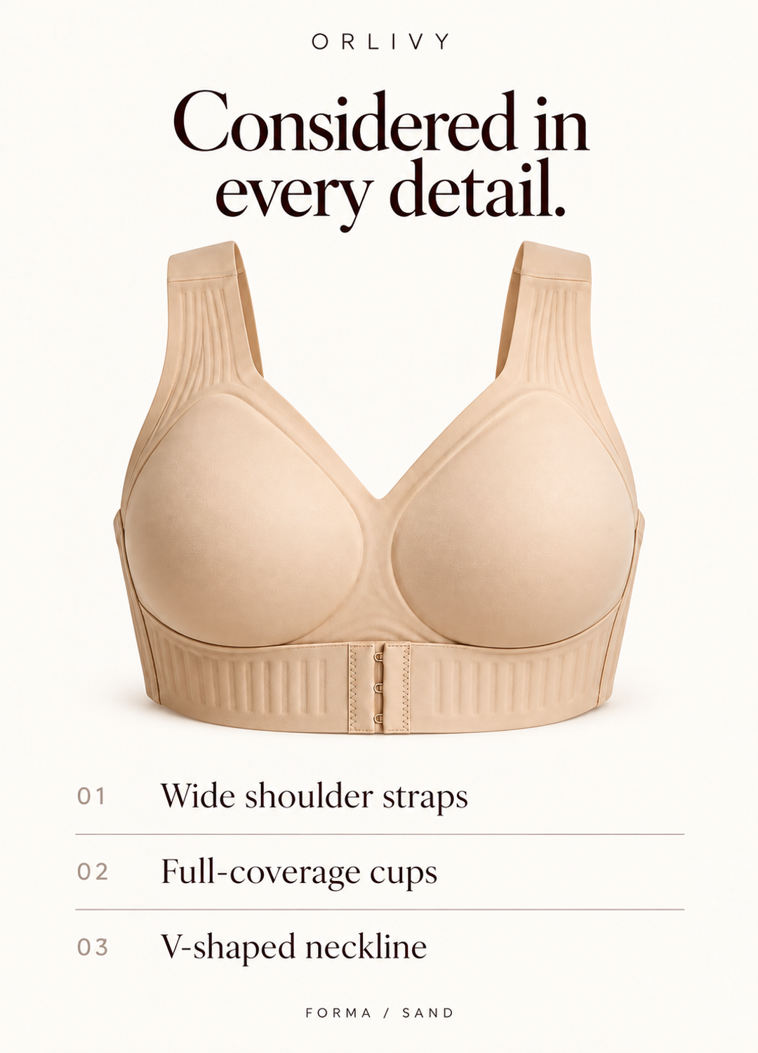 Orlivy Forma in Sand: wide shoulder straps, full-coverage cups and V-shaped neckline.