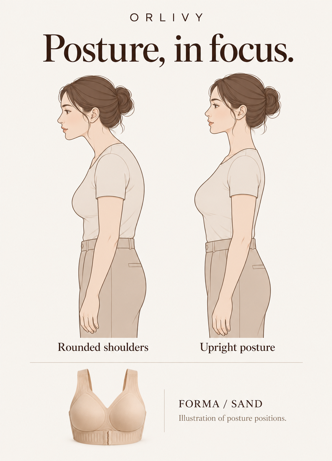 Orlivy Forma Sand: illustrated comparison of rounded shoulders and upright posture, with the matching Sand bra. Illustration of posture positions.