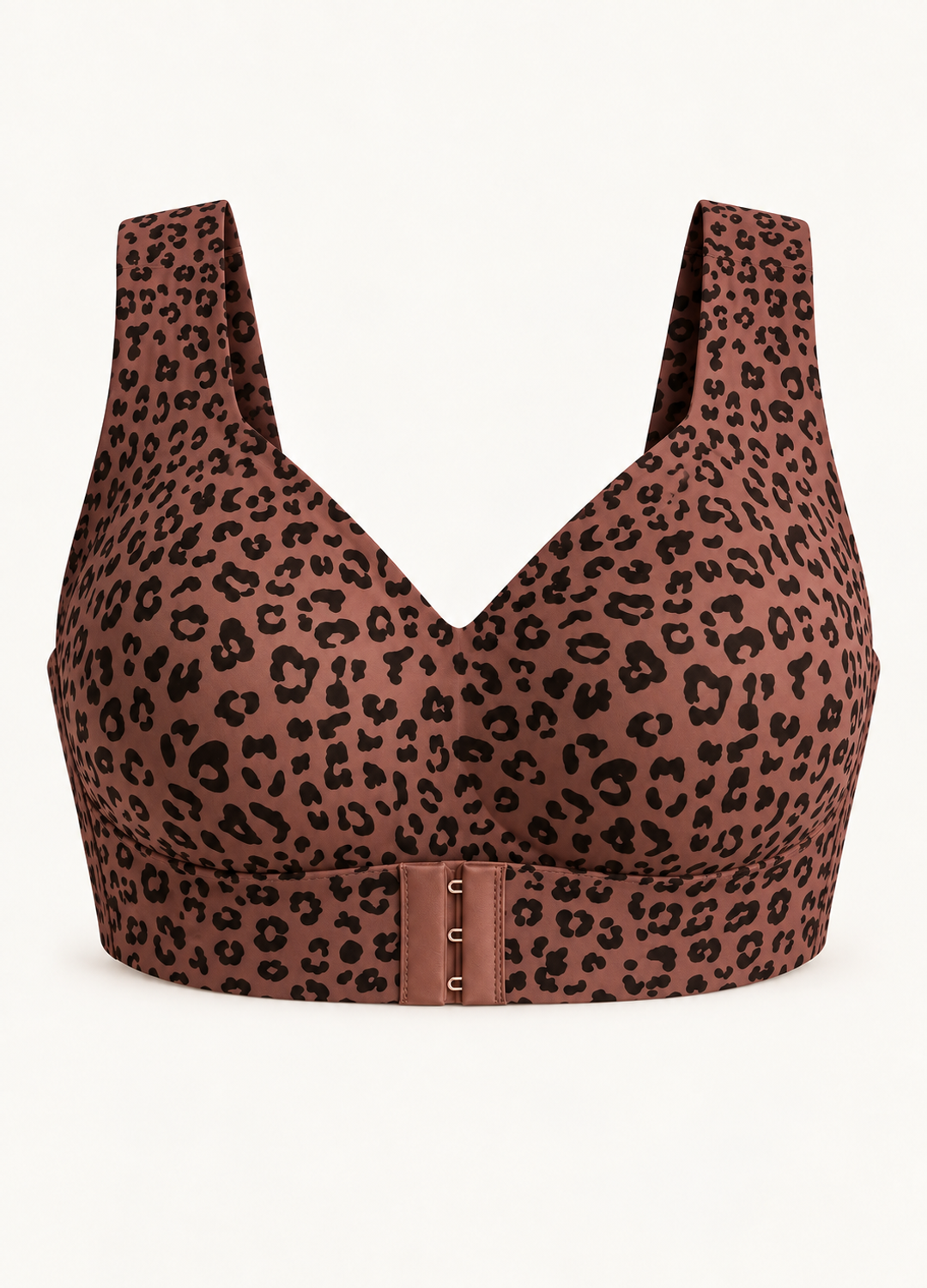 Orlivy Forma Posture Support Bra in Cocoa Leopard, front product photograph.