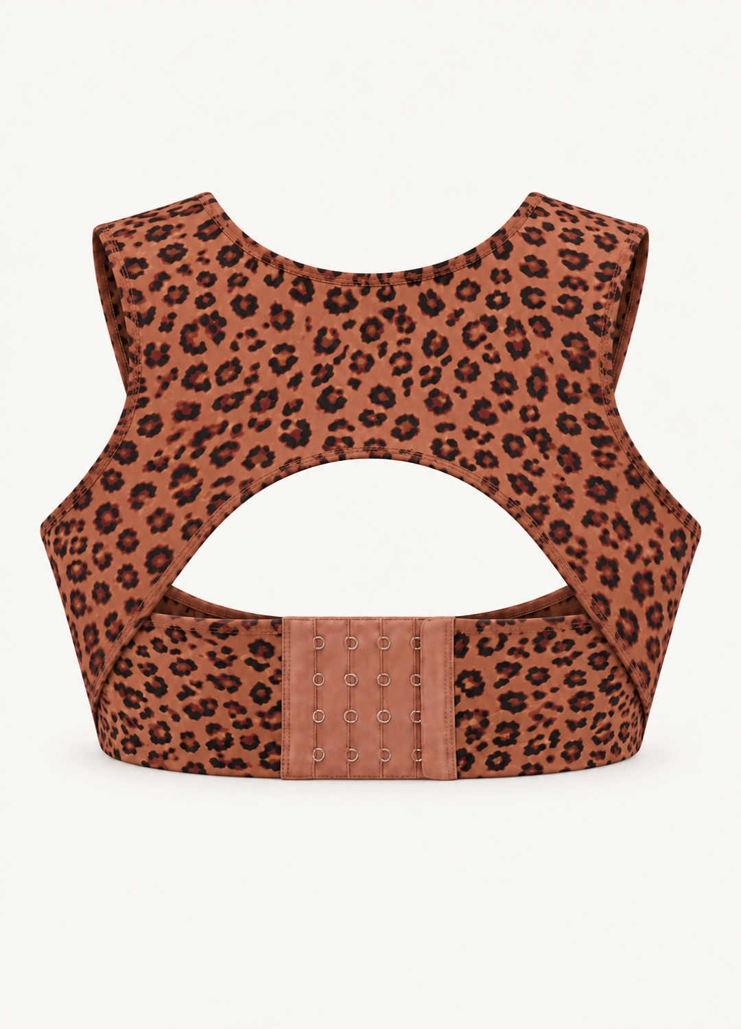 Orlivy Forma Posture Support Bra in Cocoa Leopard, rear product view showing the broad back panel and curved opening.