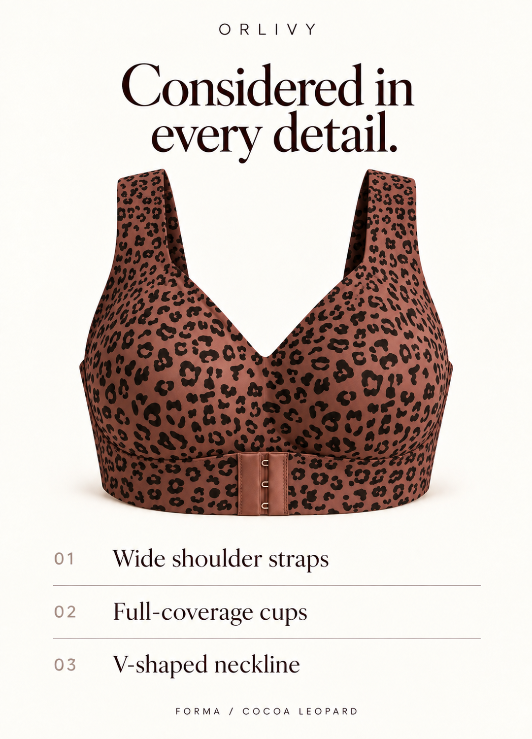 Orlivy Forma in Cocoa Leopard: wide shoulder straps, full-coverage cups and V-shaped neckline.